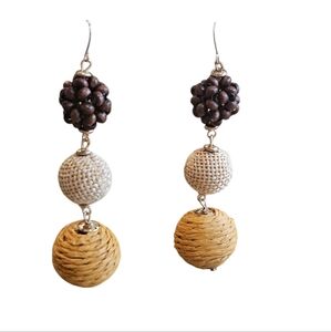 NWT - Beaded, Rattan and Canvas Brown and Cream Textured Drop Earrings